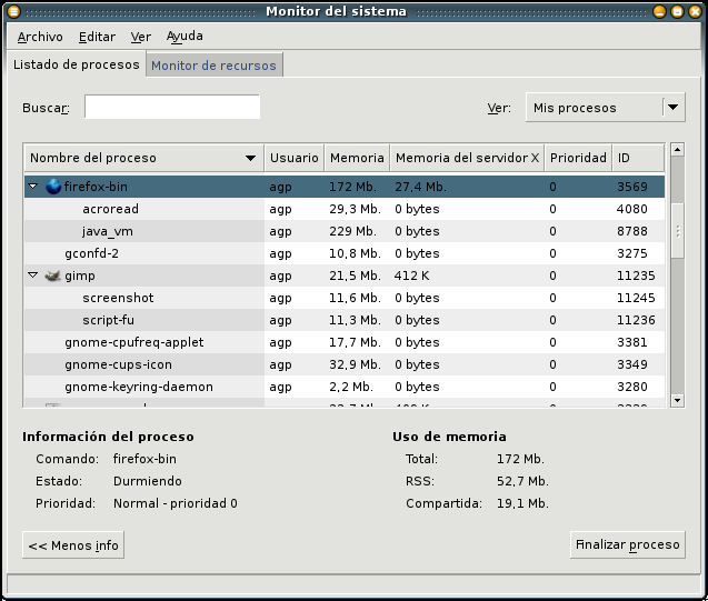 Captura de pantalla de Gnome System Monitor